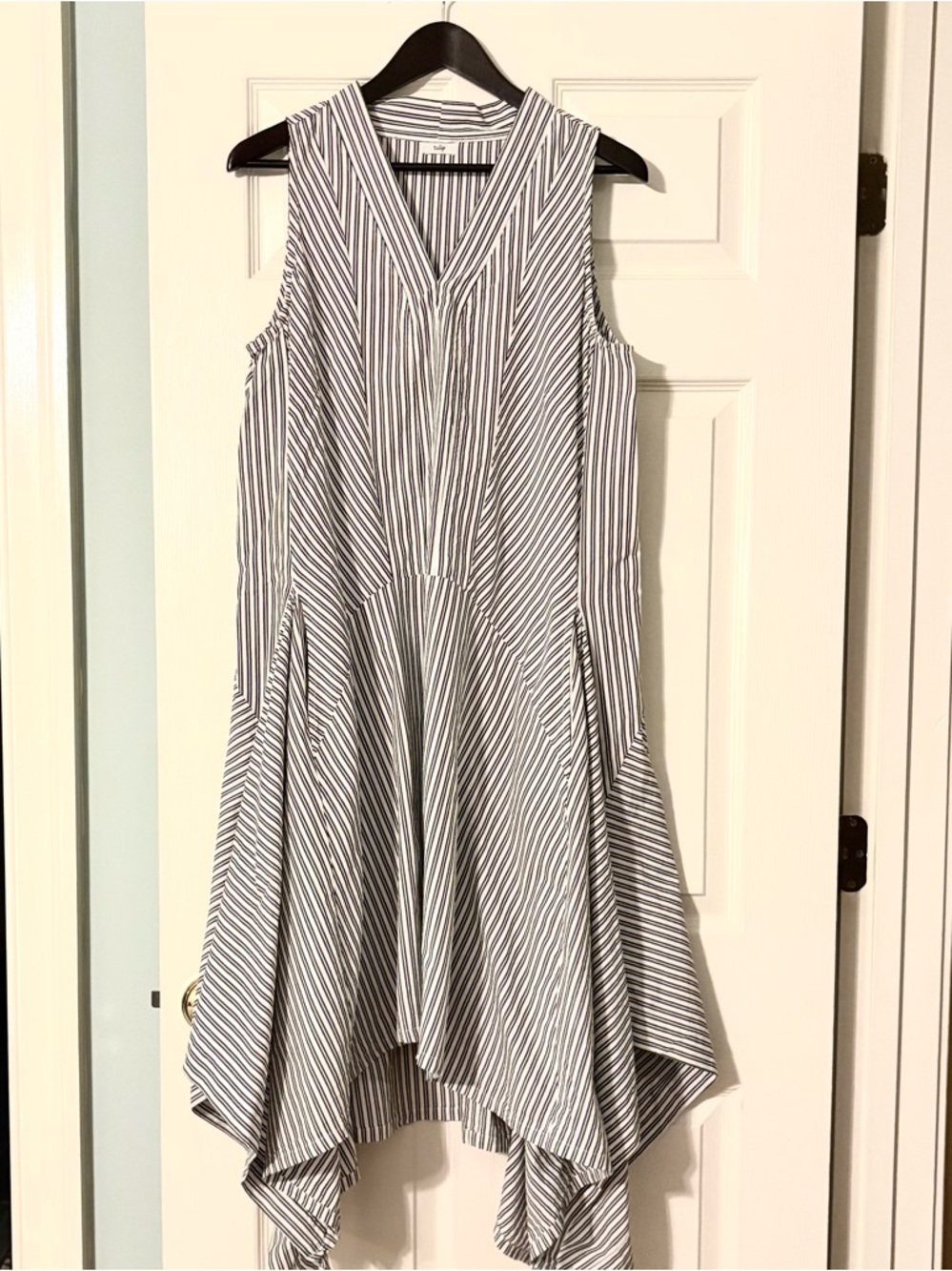 Tulip Sleeveless Striped V-Neck Handkerchief Midi Dress - White & grey striped